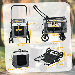 Carrito para Perros 2 en 1 Cochecito para Perros Pequeños Plegable Cochecito para Mascotas con Vagón Desmontable 4 Puertas con Cremallera 2 Correas de Seguridad y Cojín Gris