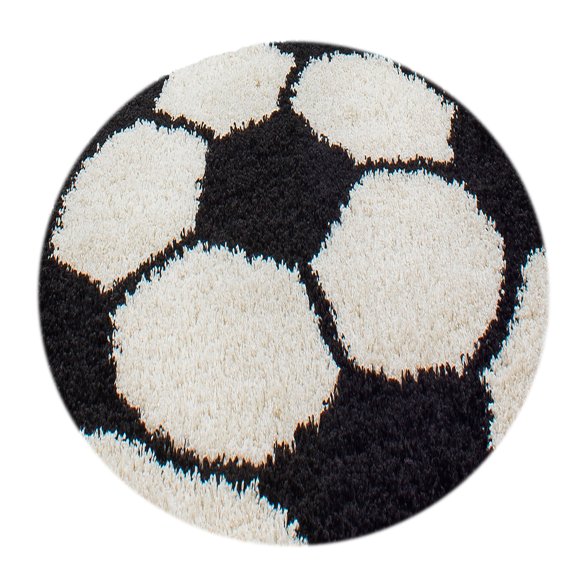 FUN - Tapis enfant shaggy rond à poils long motif ballon de foot noir
