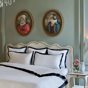 Housse de couette satin de coton jeu d'unis blanc Suite heritage bleu