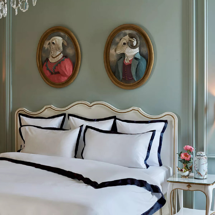 Housse de couette satin de coton jeu d'unis blanc Suite heritage bleu