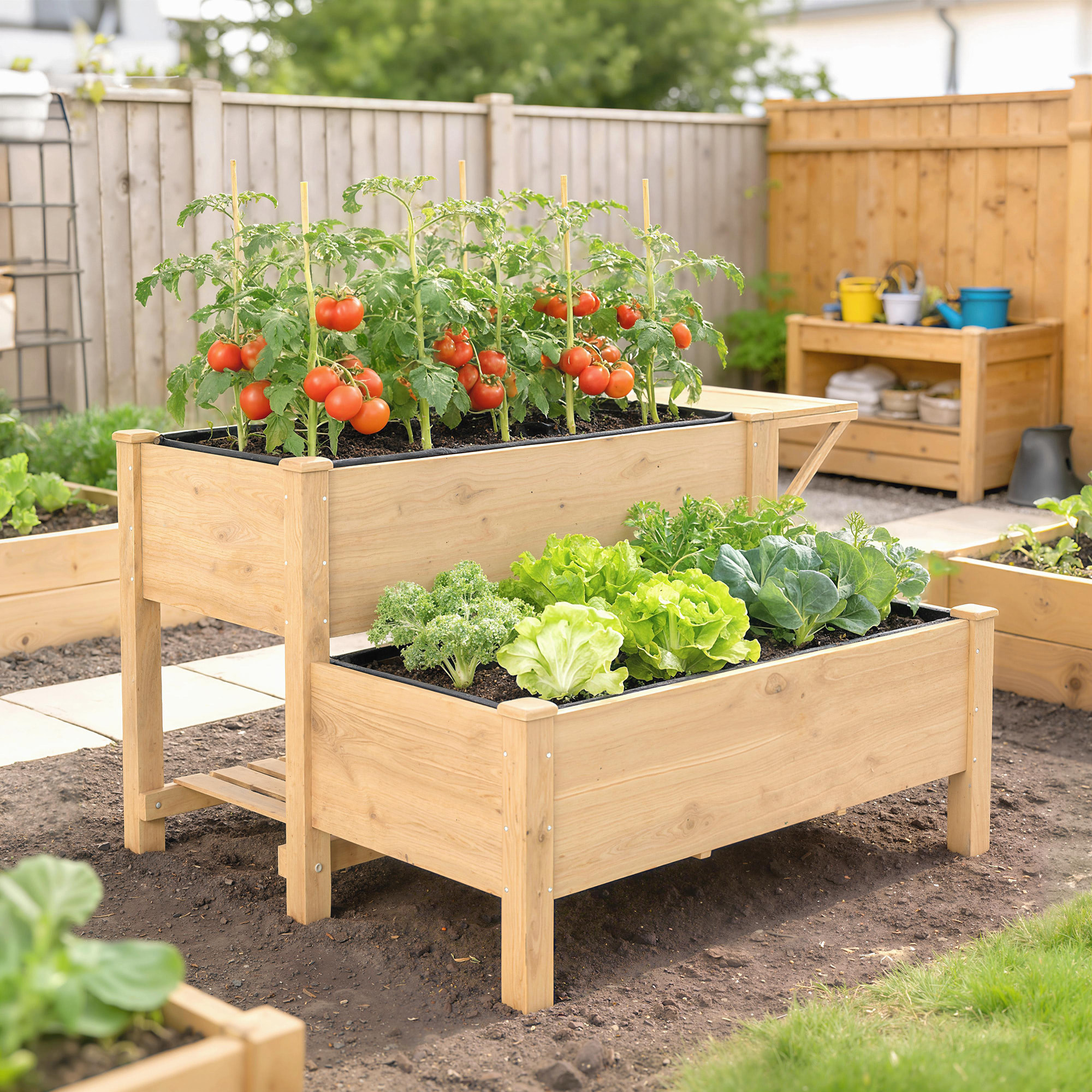 Carré potager bois en escalier sur pieds 2 niv. 2 étagères