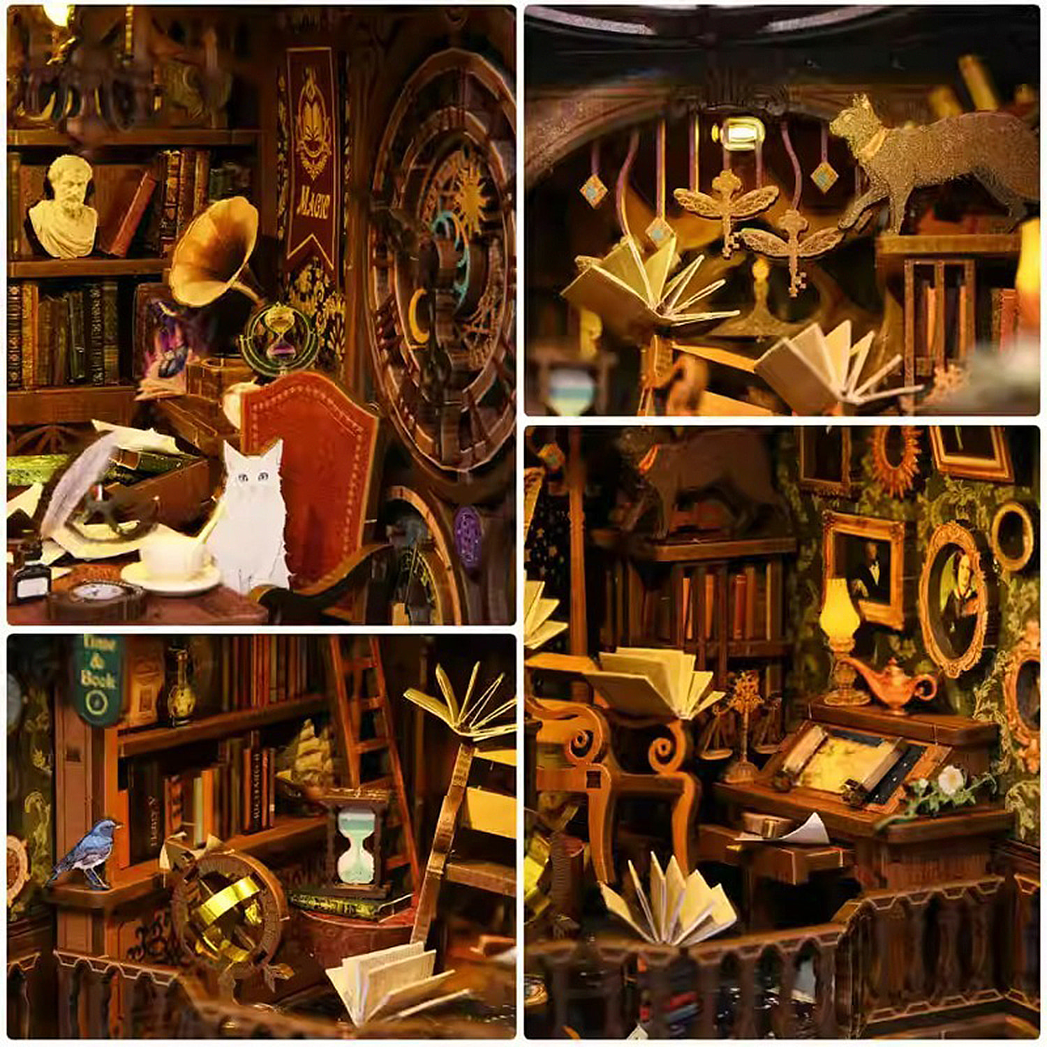 Biblioteca de las Maravillas. Book Nook de madera, diseño 3D realista con gran detalle, cubierta y luces led.