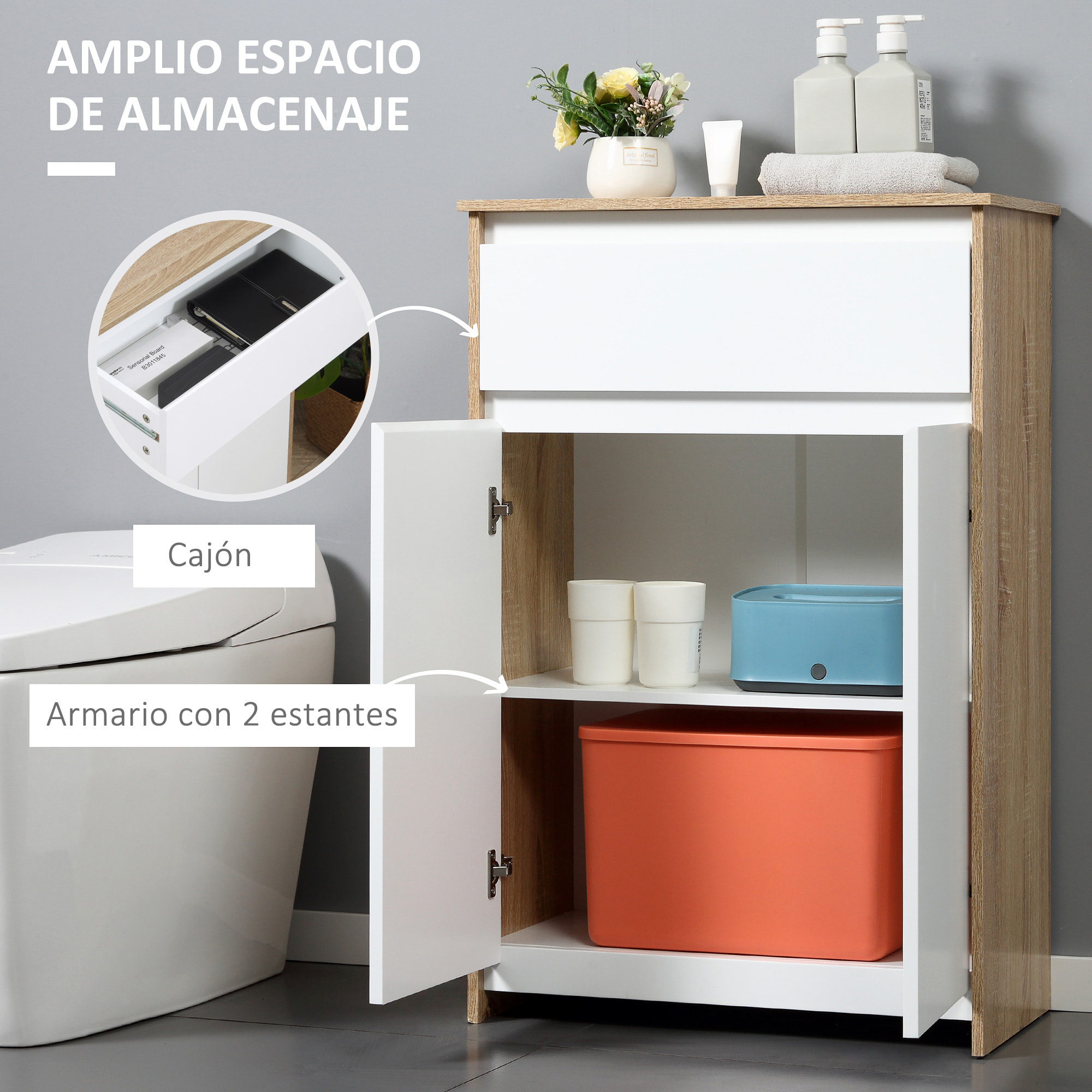 Armario Auxiliar de Baño con 1 Cajón y 2 Puertas Mueble Auxiliar de Baño para Salón Aseo Dormitorio Estilo Moderno Antivuelco 60x30x90 cm Blanco y Natural