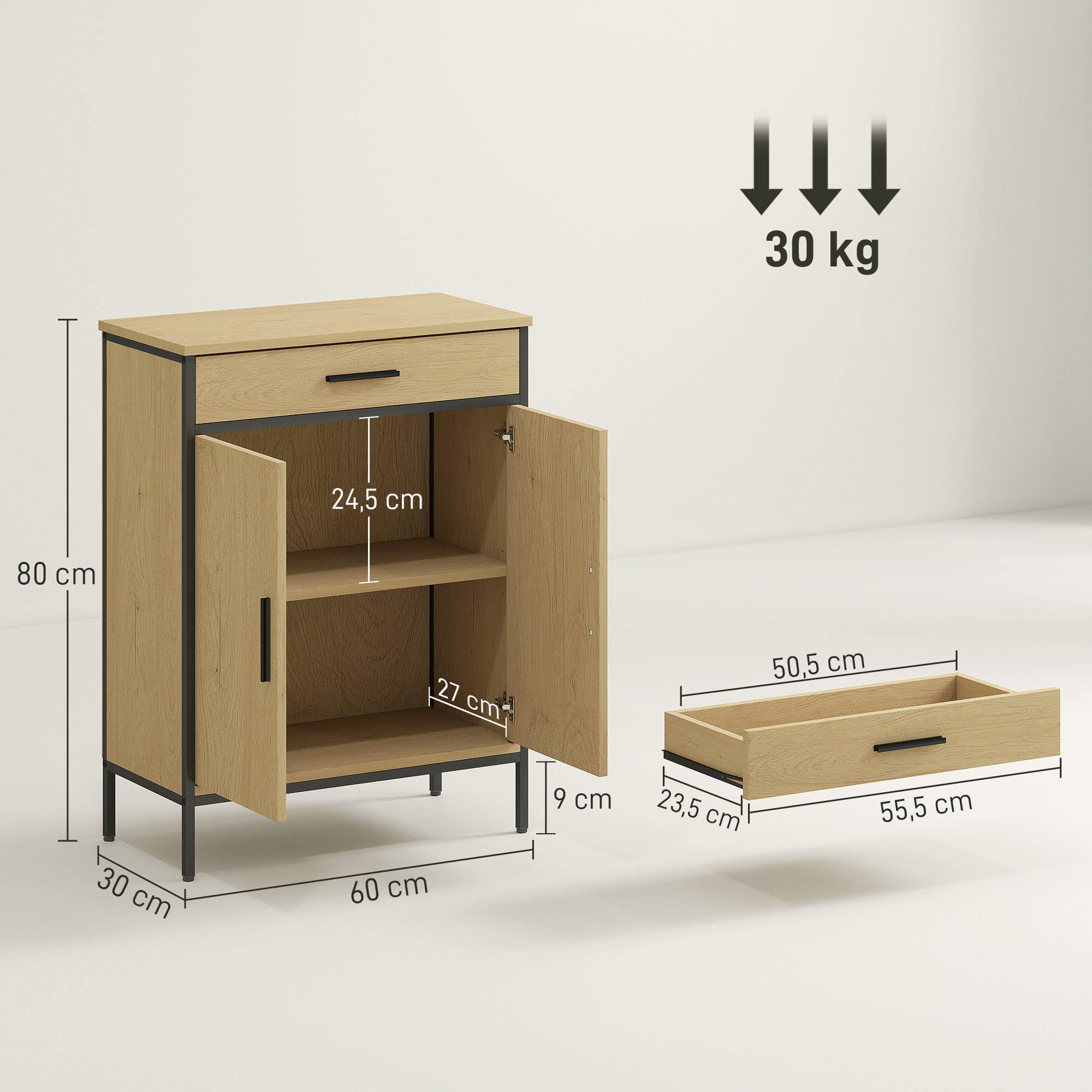 Meuble bas de salle de bain métal bois style industriel - buffet 2 portes étagère tiroir - dim. 60 x 30 x 80 cm
