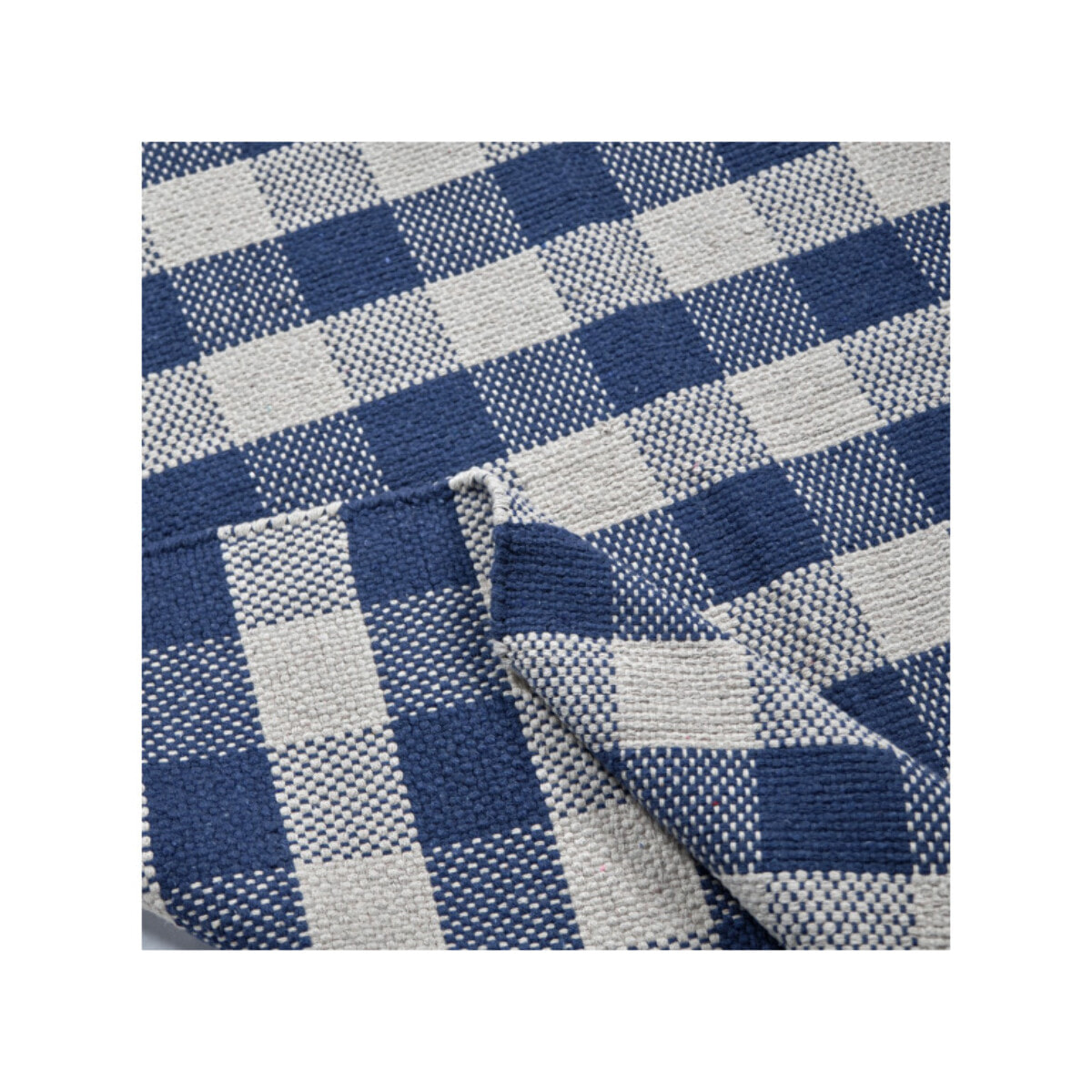 Tapis en coton avec carreaux bleu et blanc et franges - DENIM