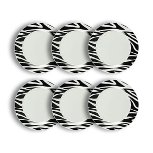 Lot de 6 assiettes plates 26,5cm en porcelaine à motif zèbre ANIMALS