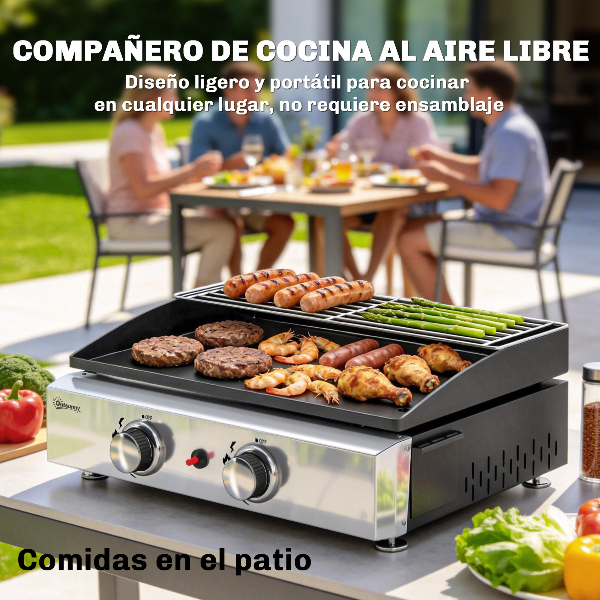 Barbacoa de Gas BBQ Gas con 2 Quemadores 5 kW, Barbacoa Portátil con Plancha, Rejilla Calentadora y Recogedor Grasa, para Camping, Picnic, Terraza, Negro