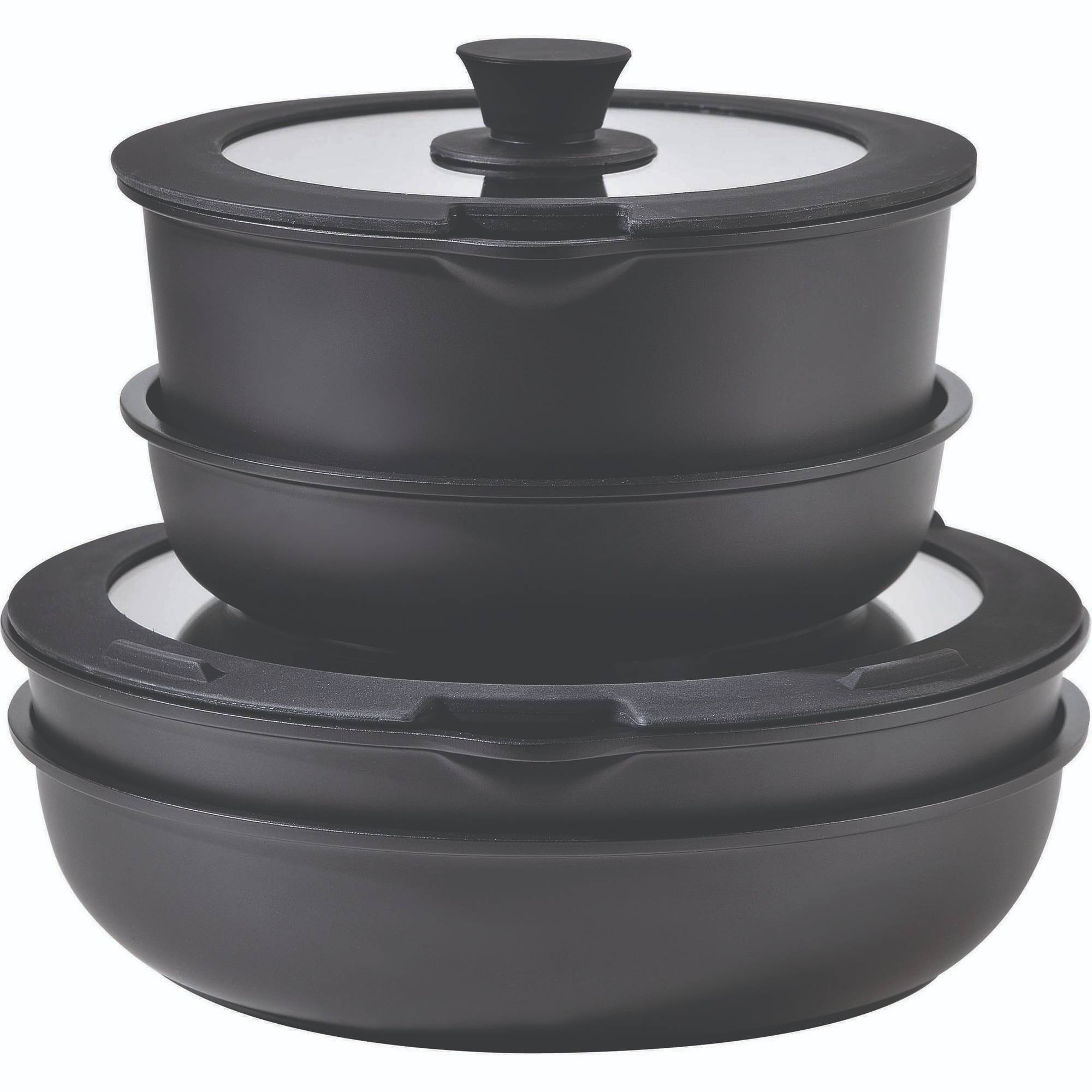 Batería de cocina 10 Pzs Negro / Mango extraíble, 3 Sartenes, 2 Cazos, Tapas y Utensilios/Aluminio fundido