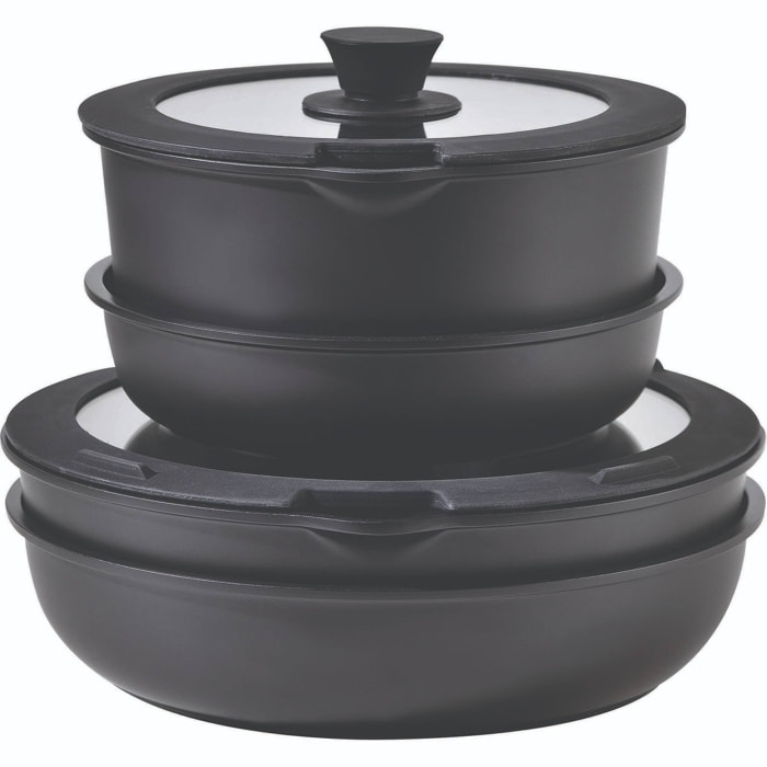 Batería de cocina 10 Pzs Negro / Mango extraíble, 3 Sartenes, 2 Cazos, Tapas y Utensilios/Aluminio fundido