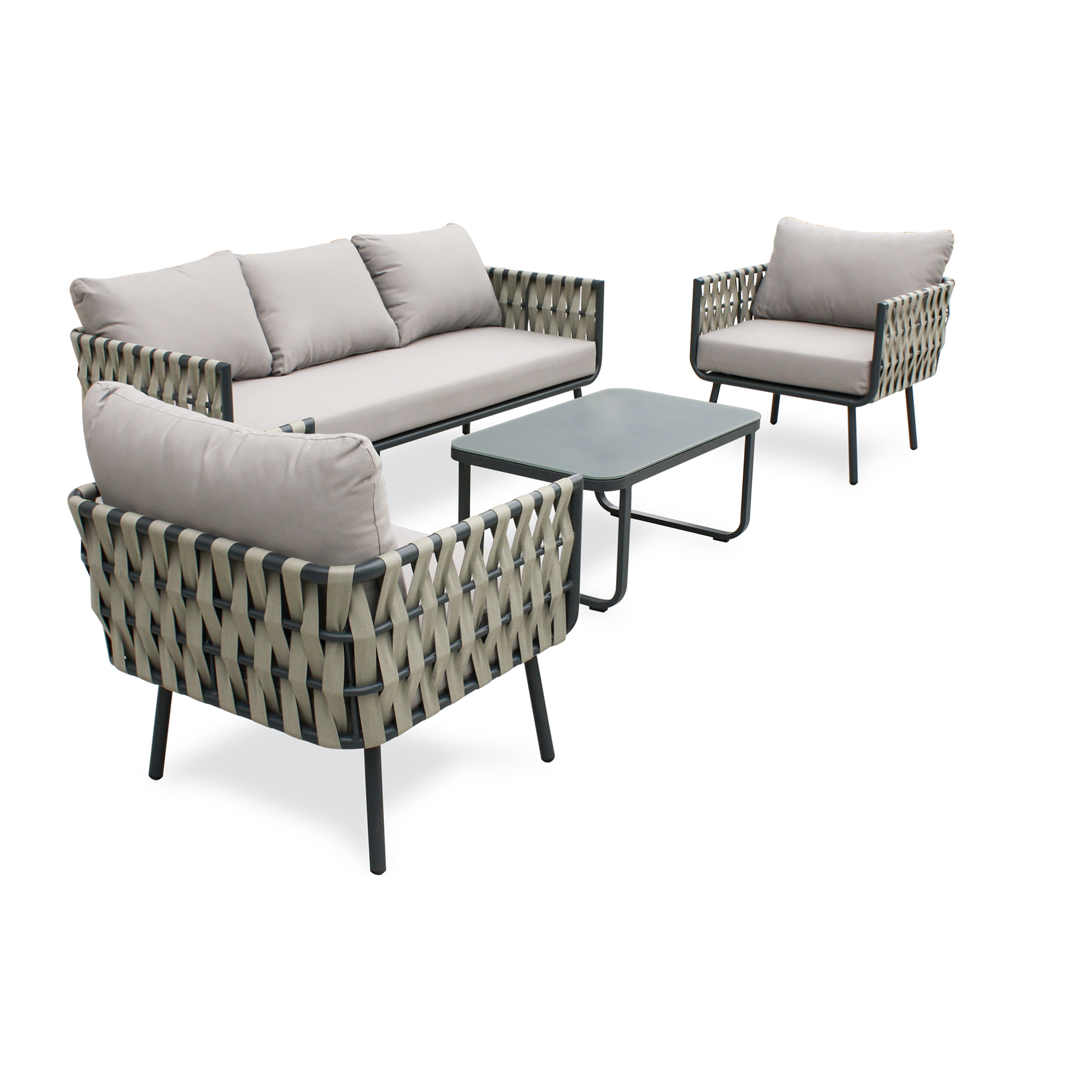 ANTIBES - Salon de jardin 5 places avec lanières de tissu tressées