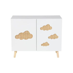 Commode enfant. blanc. 2 portes avec nuages en cannage. 2 étagères