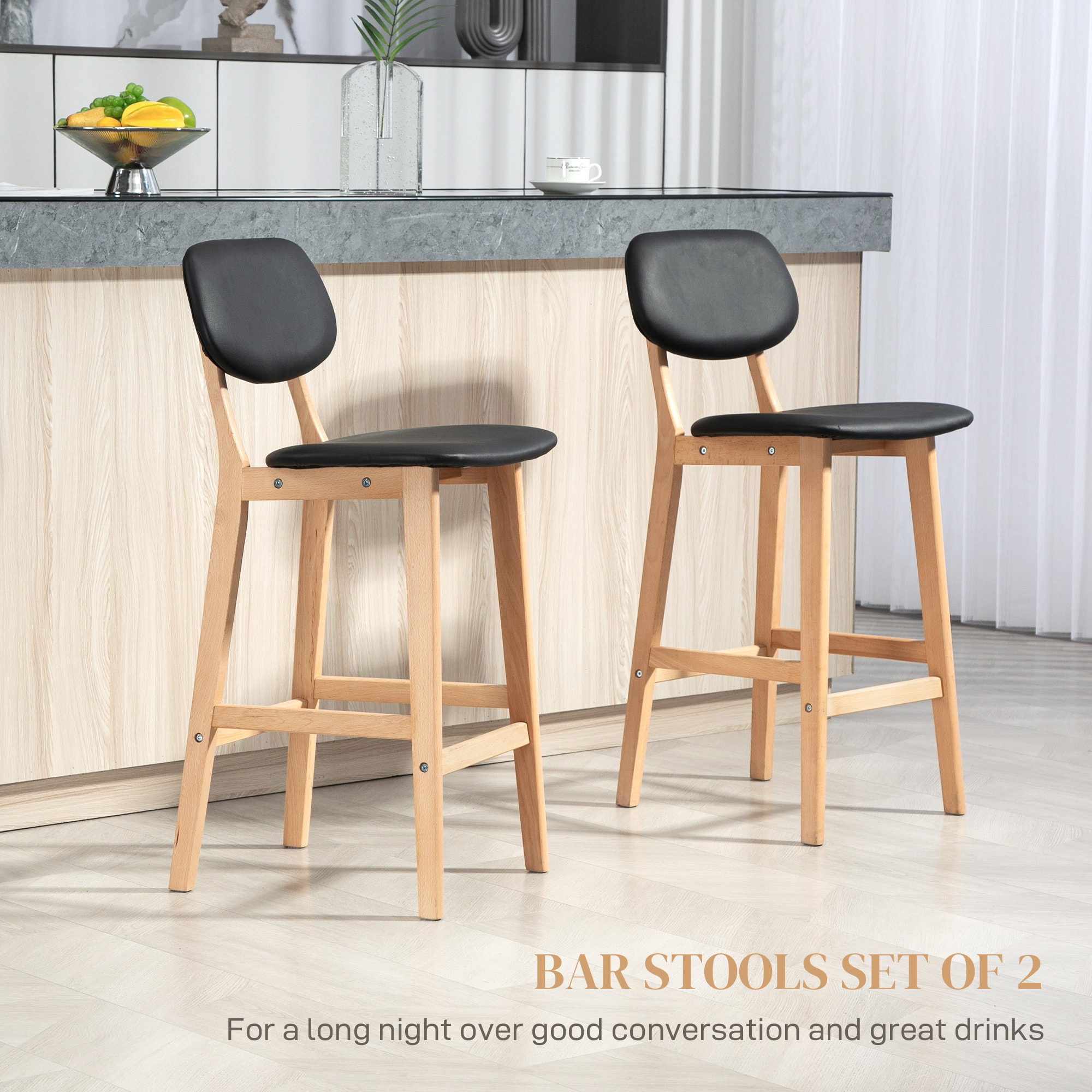 Lot de 2 tabourets de bar style néo-rétro structure piètement bois assise dossier PU noir