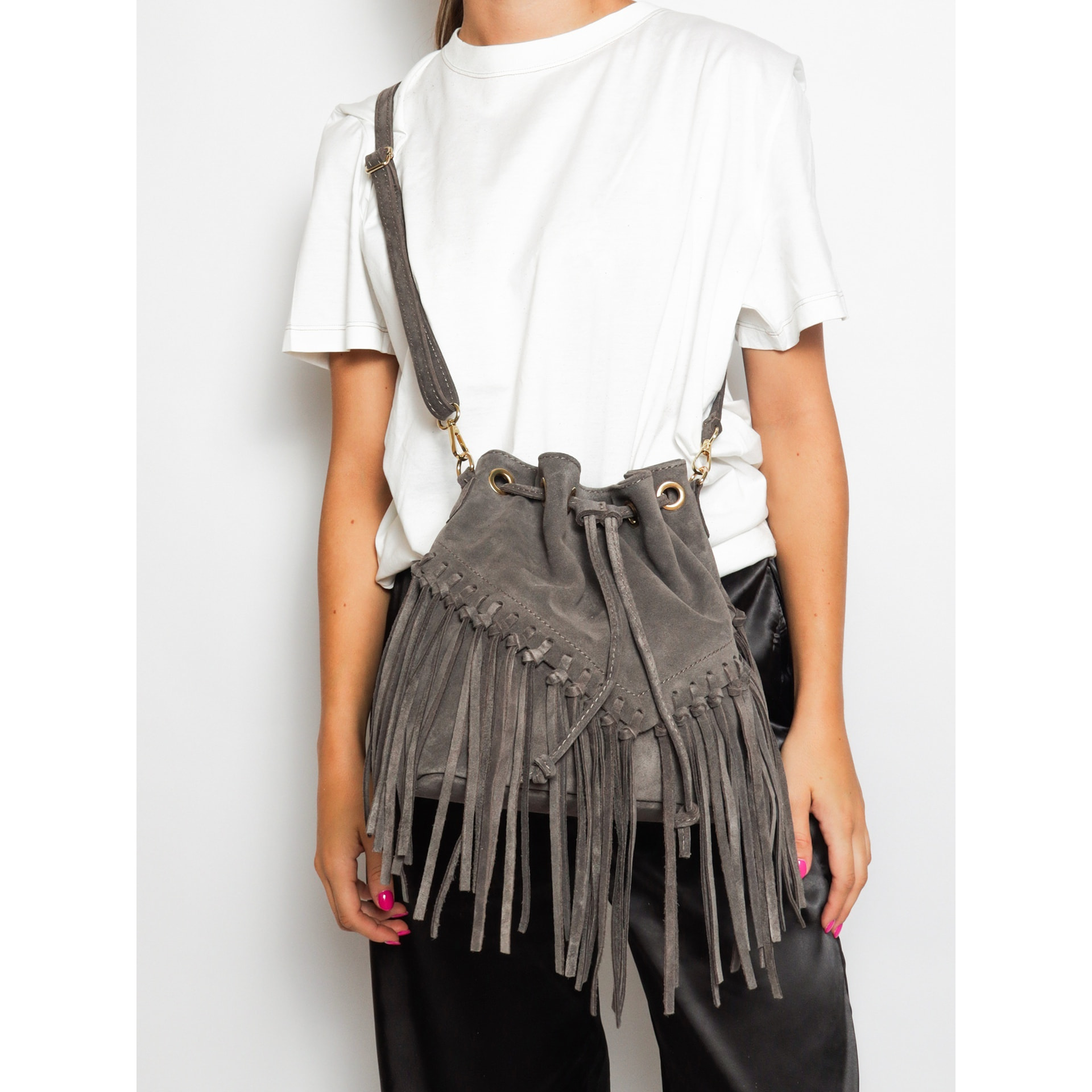 Borsa a secchiello da donna Made in Italy - Modello Umbria Plus - Pelle scamosciata - 25.0 x 22.0 x 13.0 cm