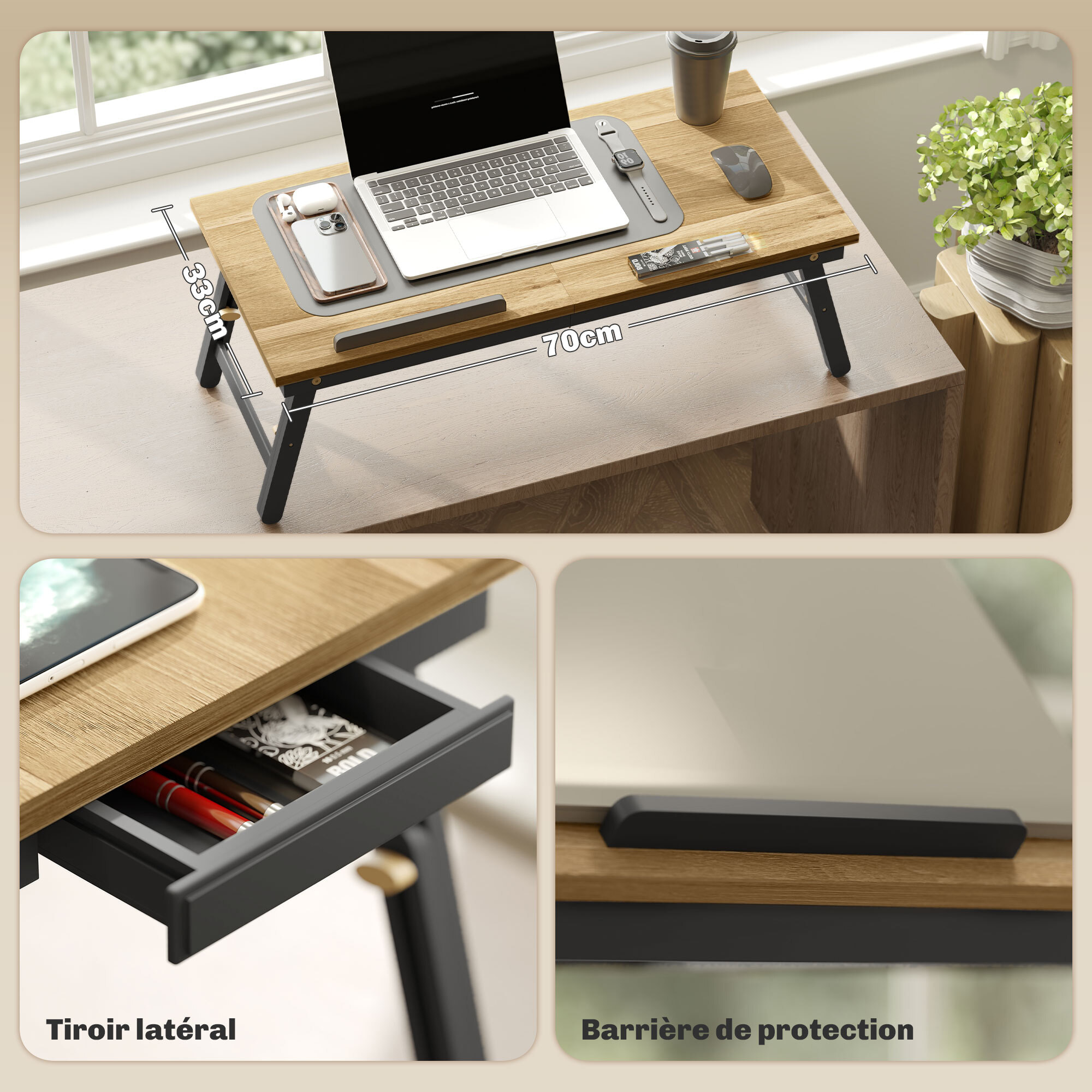 Table de lit pliable réglable pour ordinateur - plateau inclinable, tiroir - bois bambou MDF noir