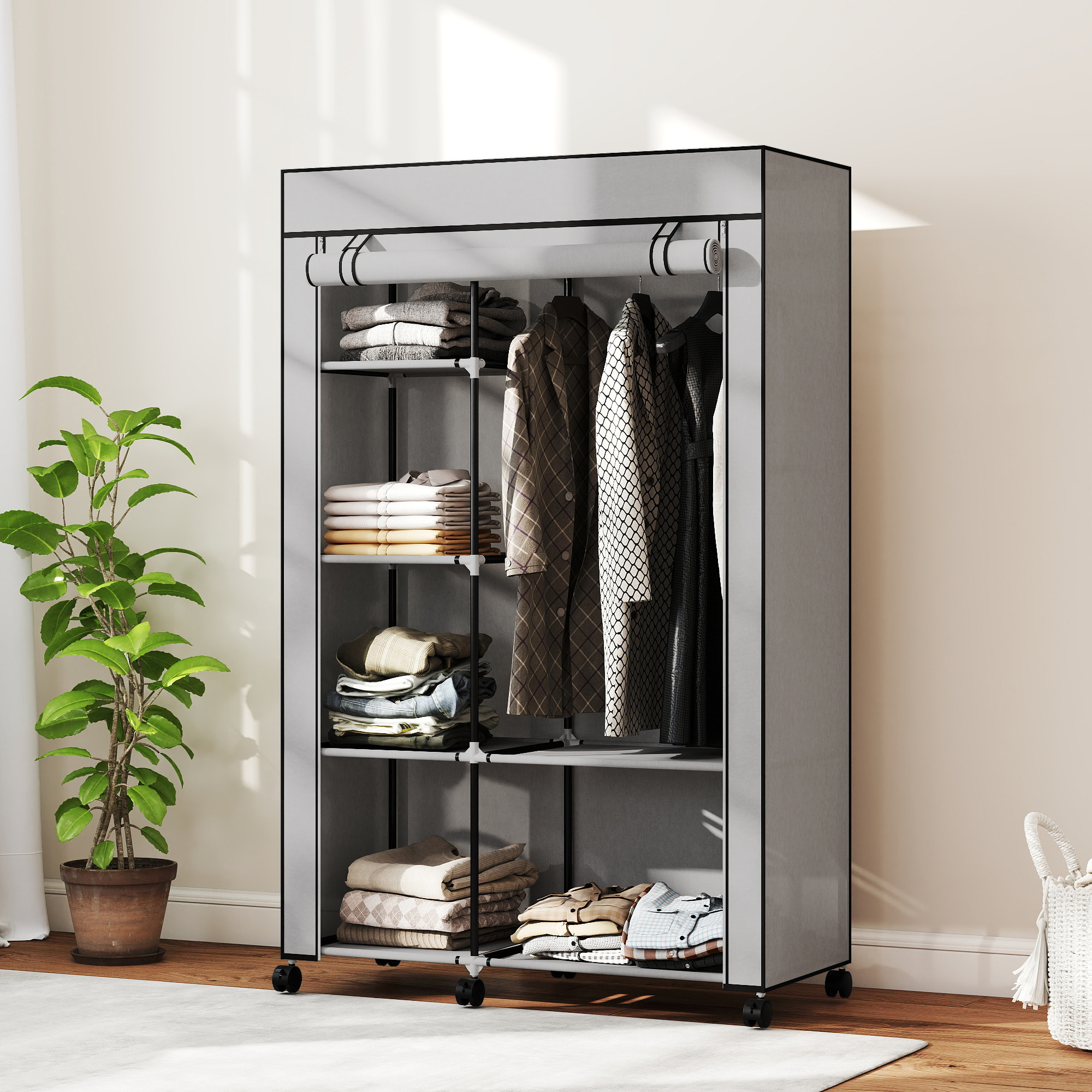 Armoire penderie mobile tissu - 5 étagères, penderie - dim. 103x43x162,5 cm - noir gris