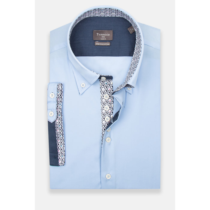 Camicia Uomo Manica Corta 2 Bottoni Button Down 7 Botto Popeline Stretch Unito Celeste