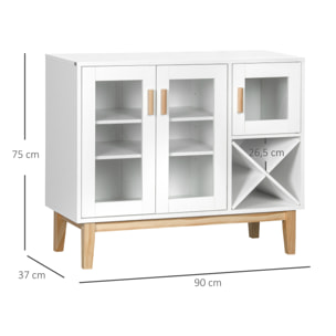 Aparador de Cocina Mueble Buffet Auxiliar con 3 Puertas de Vidrio y Botellero en Forma X para 4 Botellas para Comedor Estilo Moderno Antivuelco 90x37x75 cm Blanco