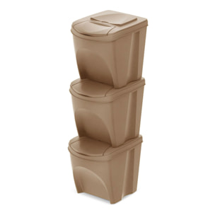 Set de 3 cubos de basura papelera reciclaje, marrón eco, volumen 3x25l