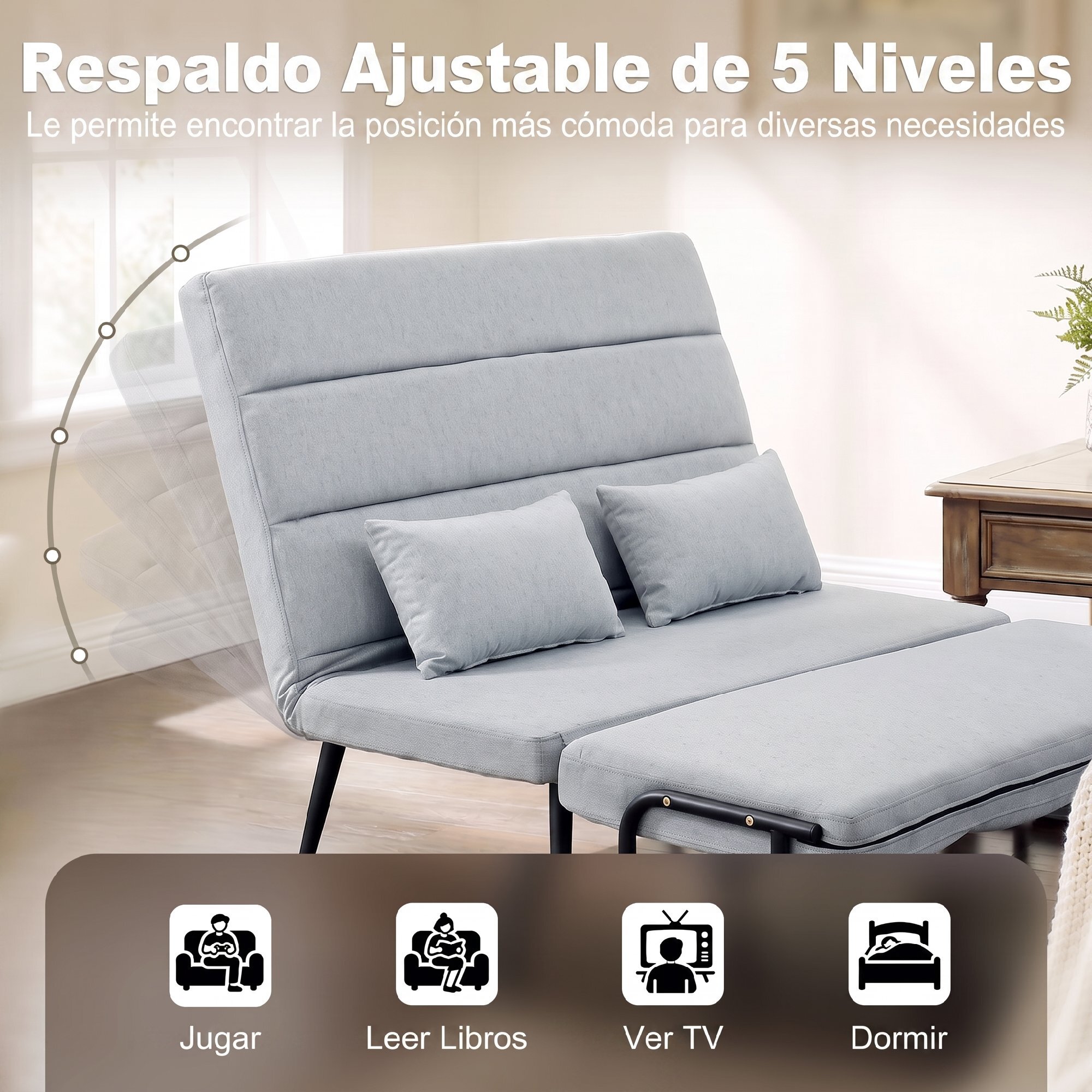 Sofá Cama 2 Plazas Convertible, 3 en 1, Sofá Cama Plegable, Tapizado en Lino, Respaldo Ajustable, 2 Almohadas con Funda Lavable, para Salón, Dormitorio, 127x73x95 cm, Gris Claro