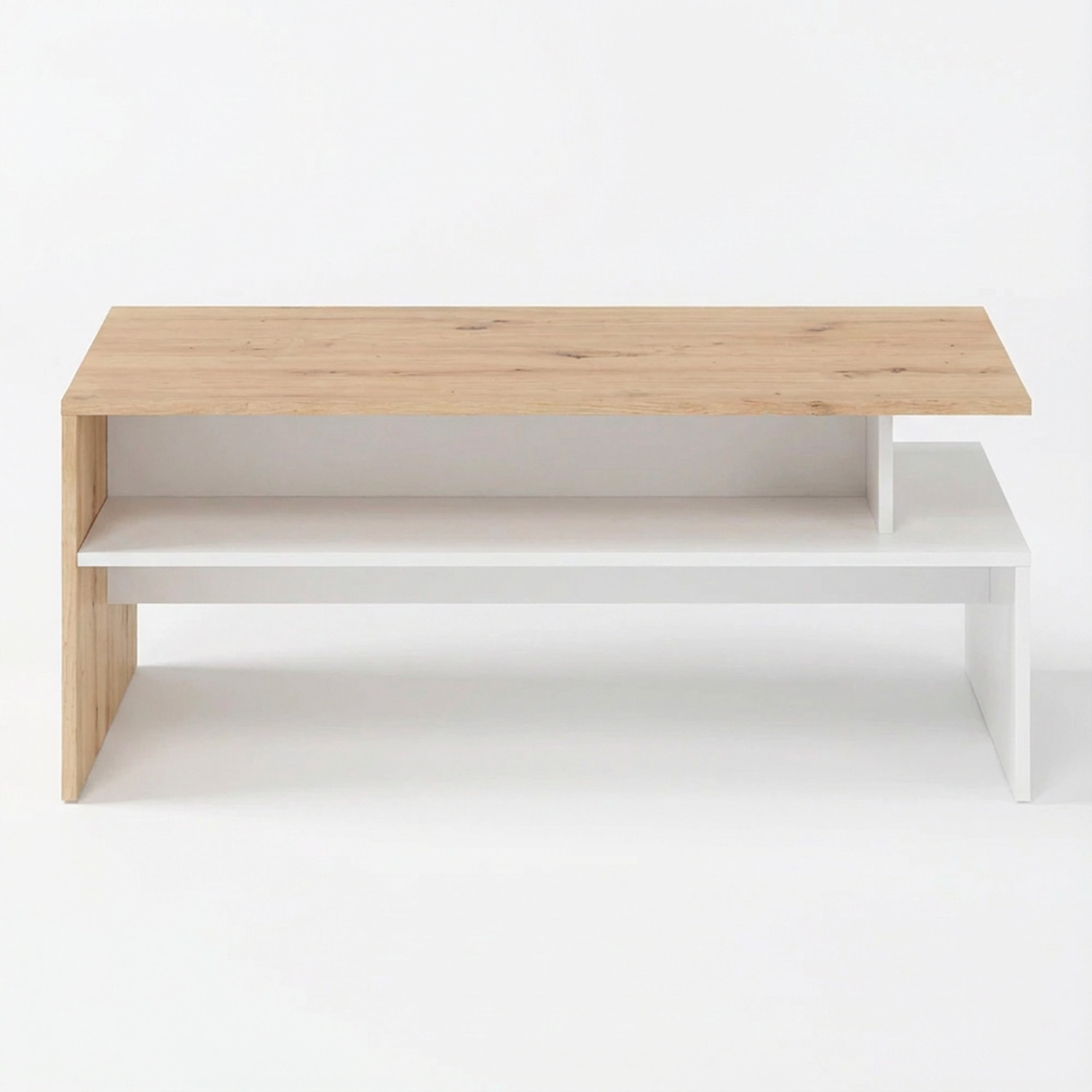 Tavolino Da Caffè Soggiorno Moderno Con Ripiano E Vani A Giorno Design Elegante E Funzionale 108 x 50 x 43 cm Bianco Opaco E Quercia