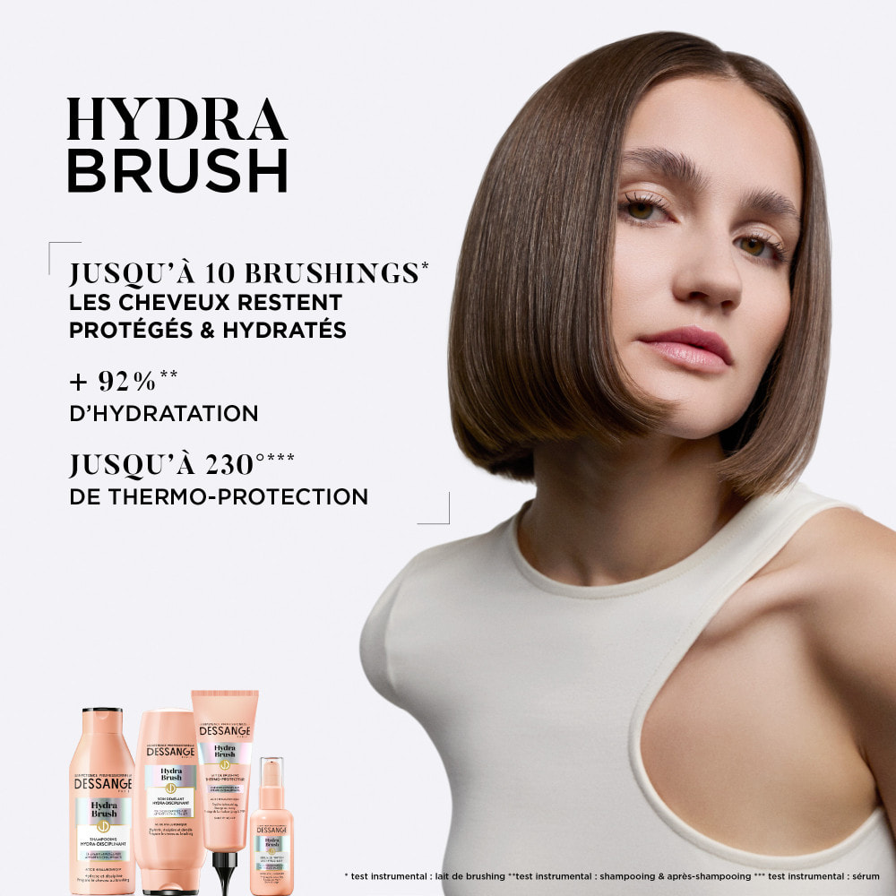 Dessange Hydra Brush Rituel Shampooing Hydra-disciplinant+ Lait de Brushing Thermo-Protecteur + Sérum de finition Cheveux Exposé