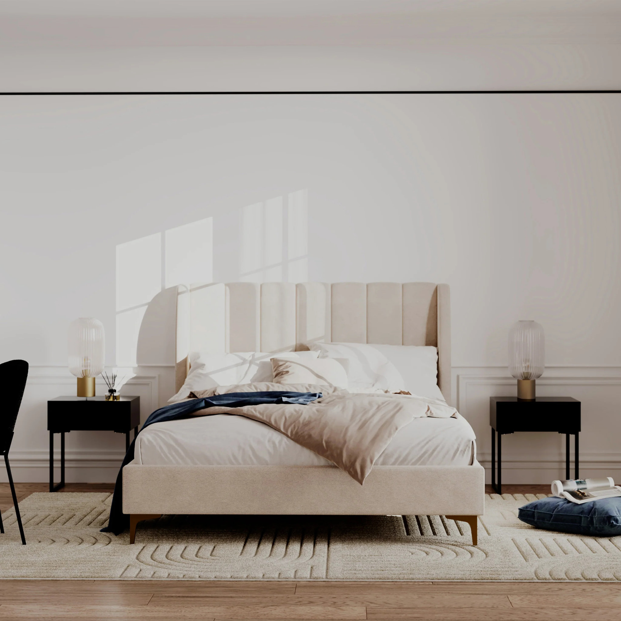 Lit double 140x190 cm en tissu beige et pieds doré - Koda