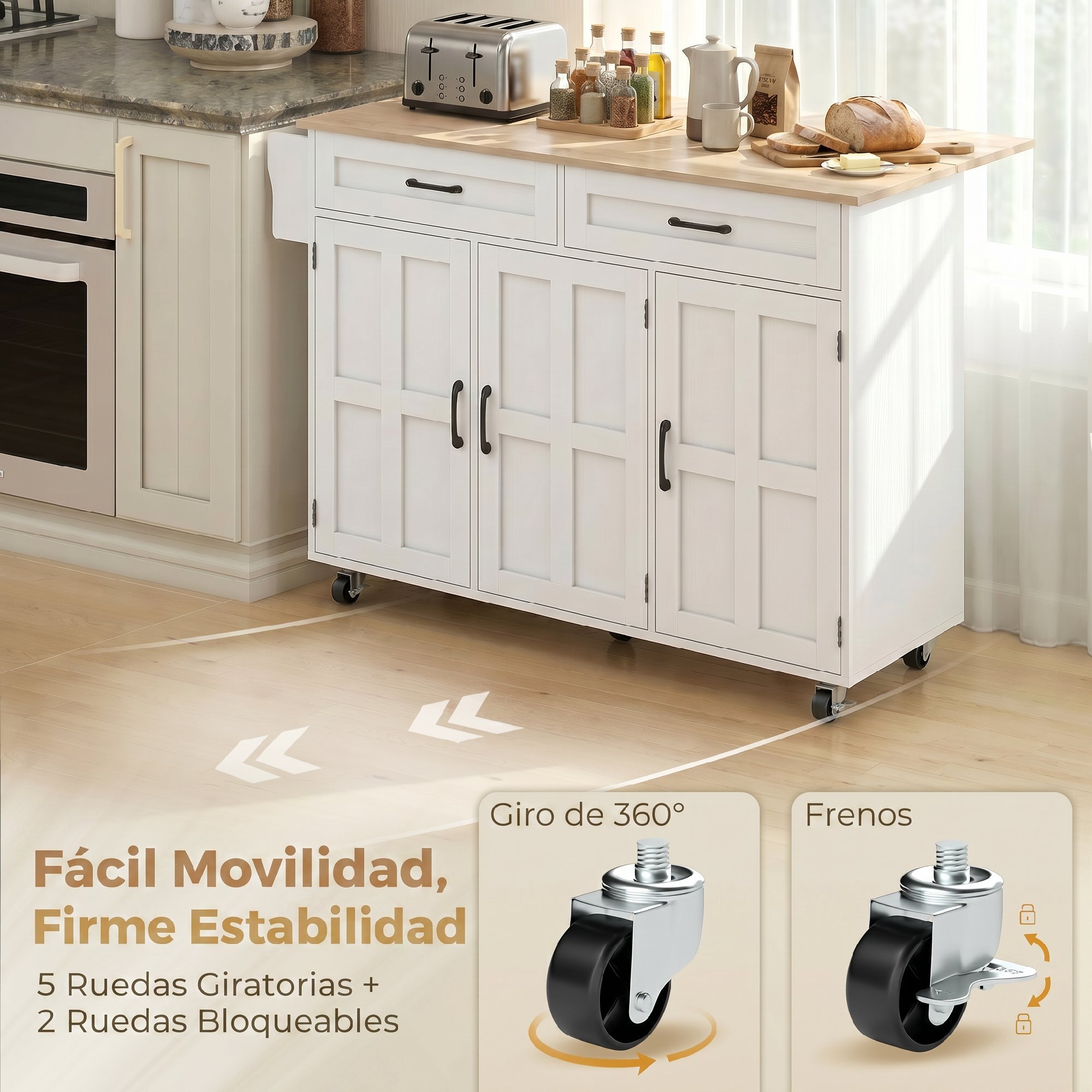 Isla de Cocina con Encimera Extensible, Carro de Cocina con Ruedas, 2 Cajones, 3 Armarios, Estantes en la Puerta, Toallero y Estantes Ajustables, para Comedor, Blanco