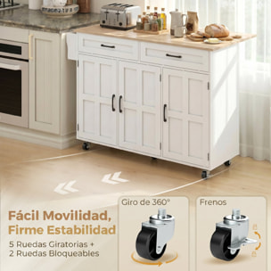Isla de Cocina con Encimera Extensible, Carro de Cocina con Ruedas, 2 Cajones, 3 Armarios, Estantes en la Puerta, Toallero y Estantes Ajustables, para Comedor, Blanco