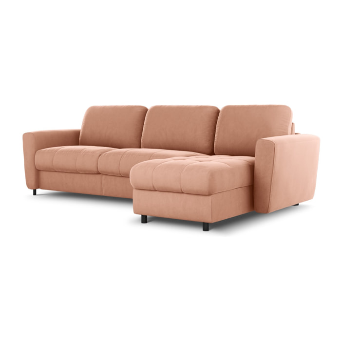 Canapé d'angle droit convertible avec coffre de rangement "Audra" 5 places en velours rose