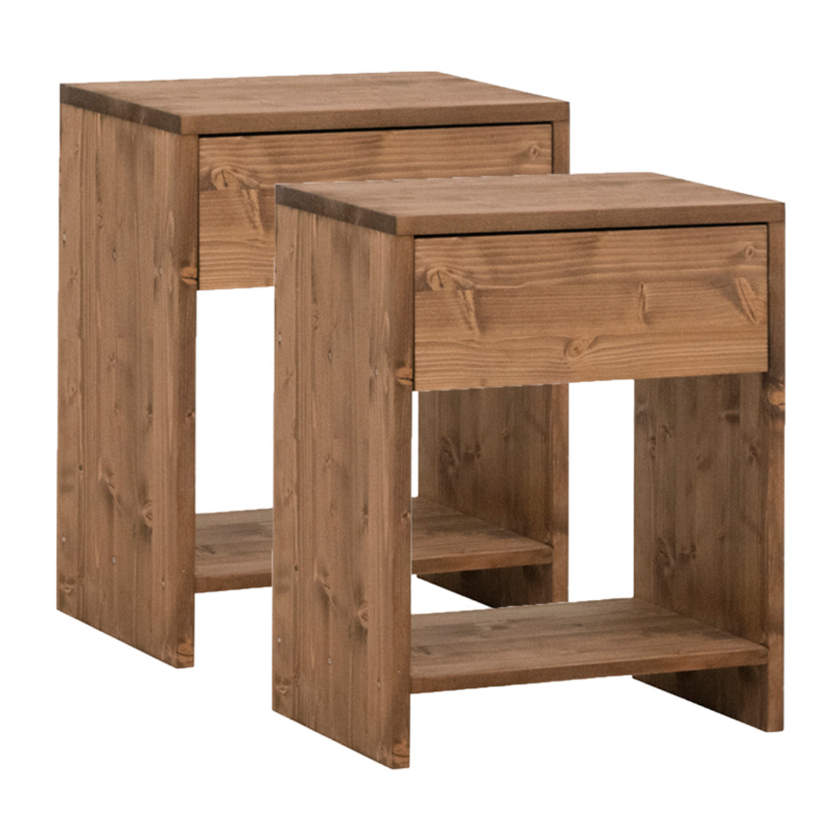 Pack de 2 mesitas de madera maciza con un cajón en tono roble oscuro de varias medidas