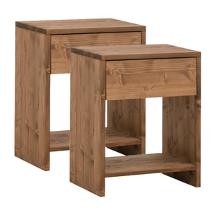 Pack de 2 mesitas de madera maciza con un cajón en tono roble oscuro de varias medidas