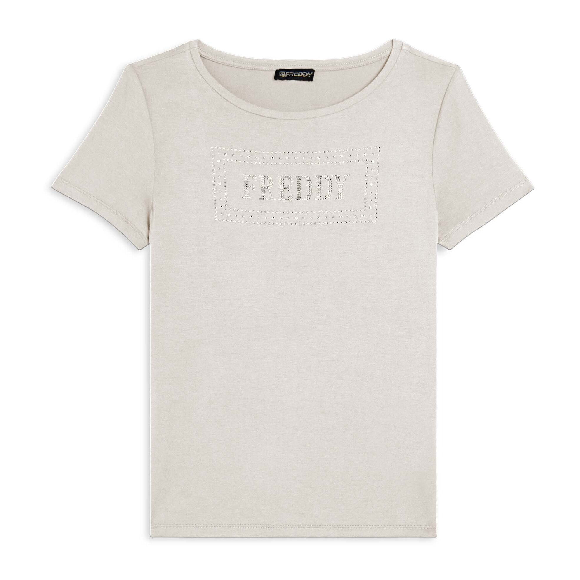 T-shirt donna con logo strass e glitter