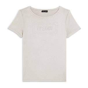 T-shirt donna con logo strass e glitter