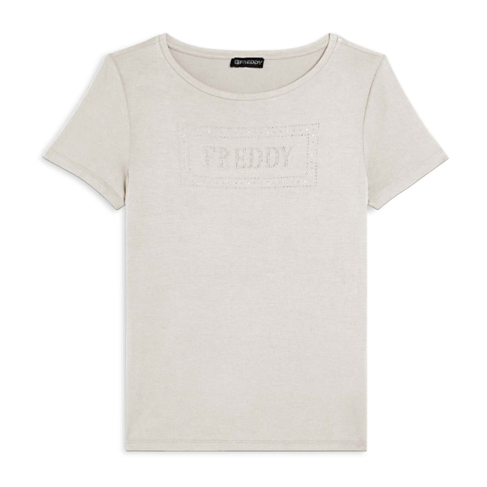 T-shirt donna con logo strass e glitter