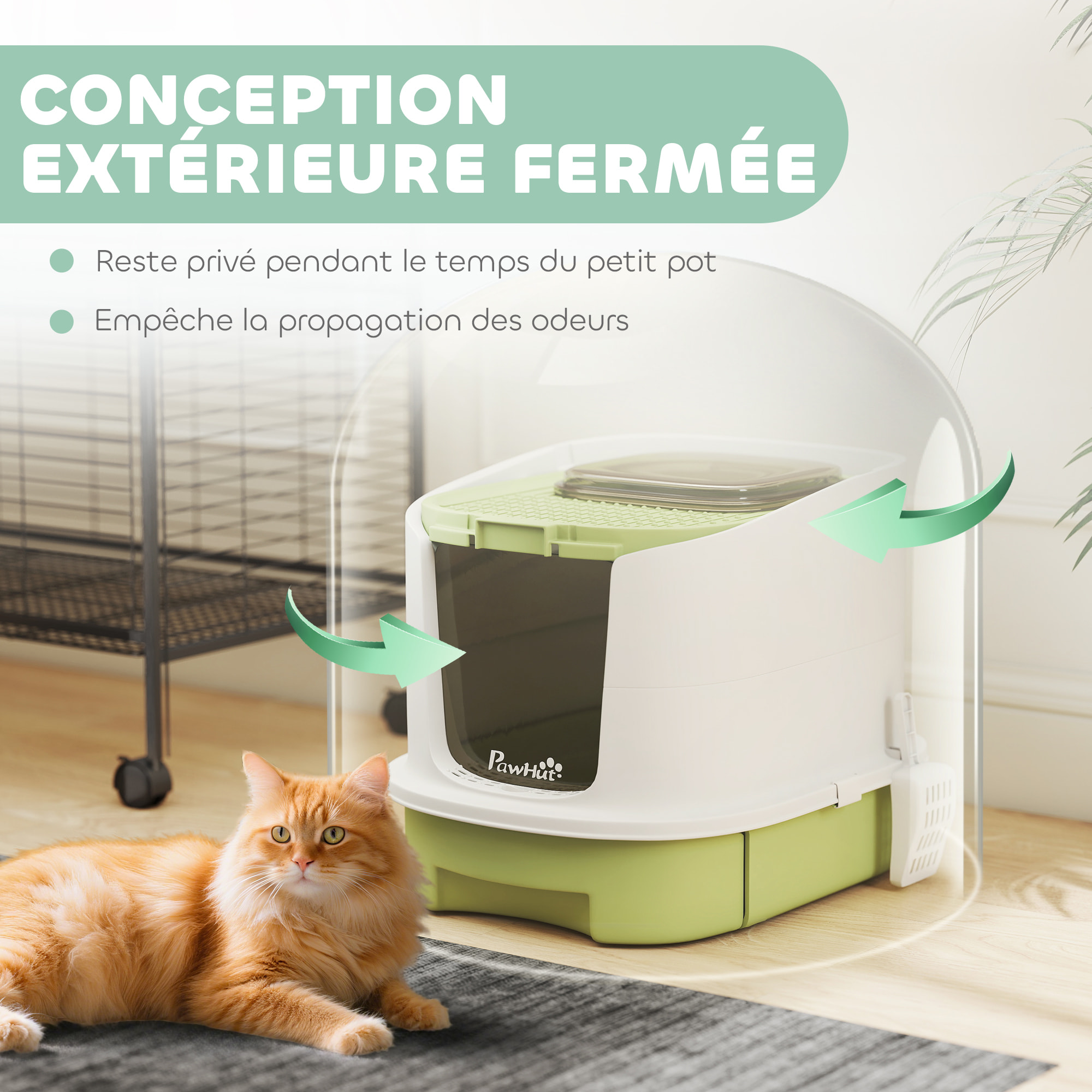 Maison de toilette pour chat - avec porte translucide, pelle, 2 sacs de désodorisation - 2 options entrée et sortie - vert