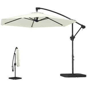 Parasol déporté 3 m avec pied en croix et dalles lestage, parasol de jardin extérieur avec manivelle et loquet de verrouillage, toile polyester 180 g/m², protection UV 30+, crème