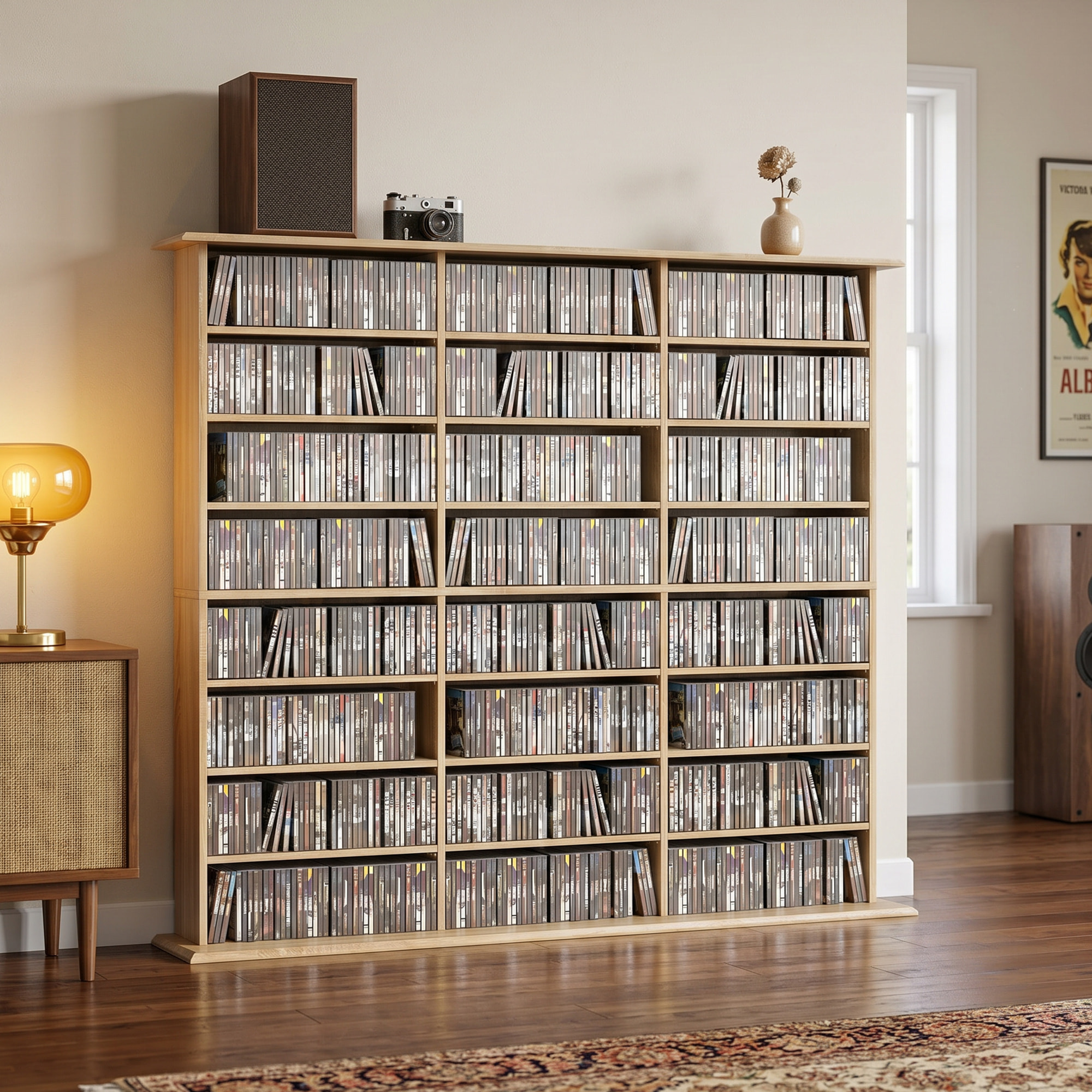 Rangement CD et DVD 24 compartiments 18 étagères réglables effet bois clair