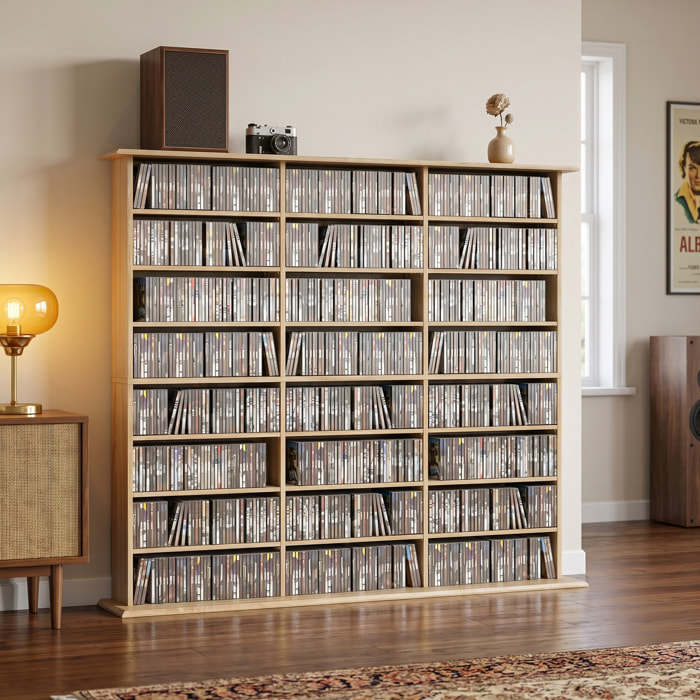 Rangement CD et DVD 24 compartiments 18 étagères réglables effet bois clair