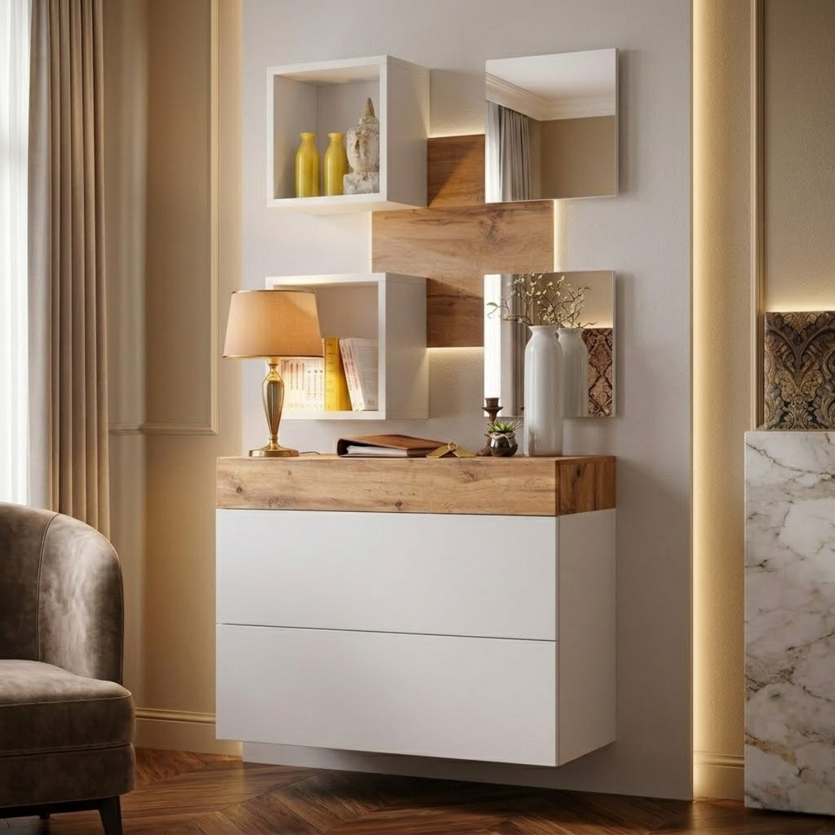 Mobile Ingresso Moderno Con 2 Specchi Vani A Giorno E Base Con Ante E Cassetto Design Elegante Salvaspazio 100 x 170 x 30 Cm Bianco E Rovere