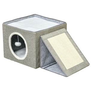 Maison niche pour chat pliable - 2 coussins moelleux, boule suspendue, grattoir - dim. 73 x 42 x 34 cm - MDF sisal polyester gris