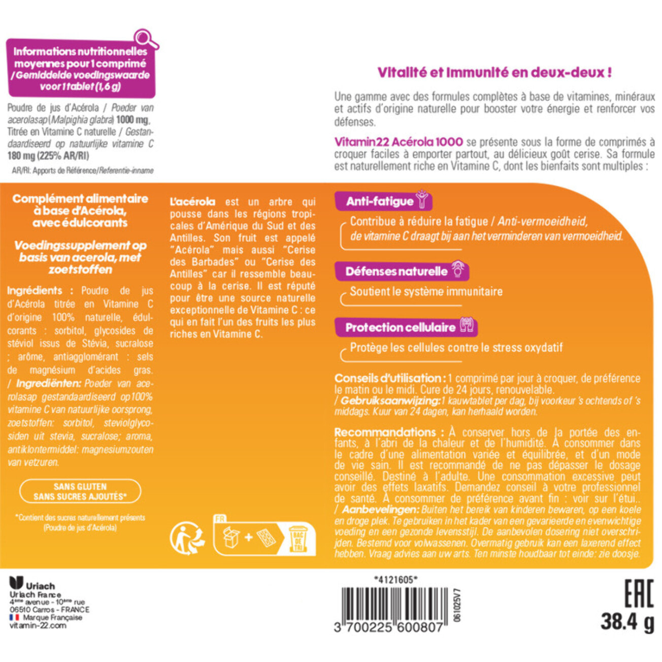 VITAMIN'22 - Acerola 1000 - Complément alimentaire à base d'Acérola- Vitamine C 100% d'origine naturelle - Sans sucre - Sans gluten - Goût Cerise - Cure de 24 j - Lot de 2 produits