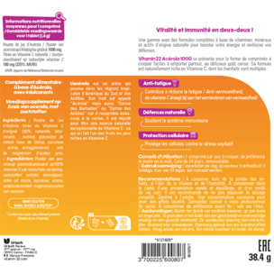 VITAMIN'22 - Acerola 1000 - Complément alimentaire à base d'Acérola- Vitamine C 100% d'origine naturelle - Sans sucre - Sans gluten - Goût Cerise - Cure de 24 j - Lot de 2 produits