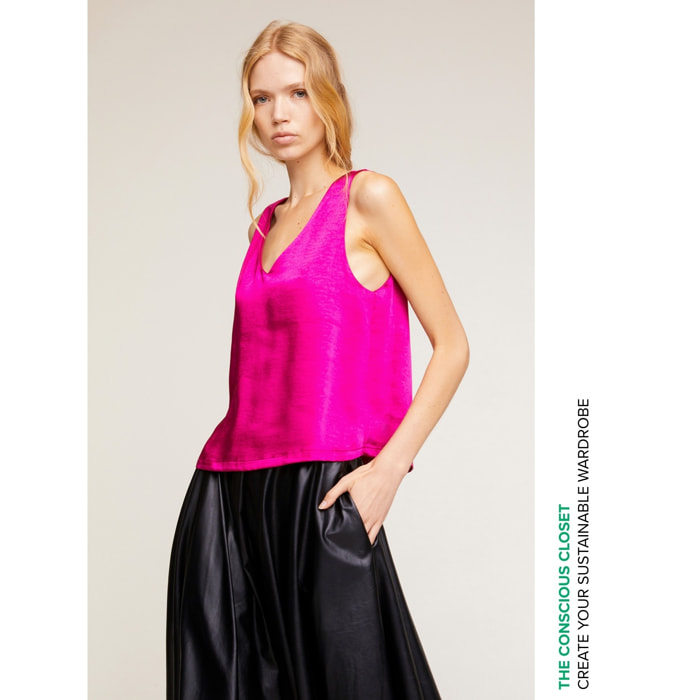 Motivi - Top satin scollo a v - Fucsia