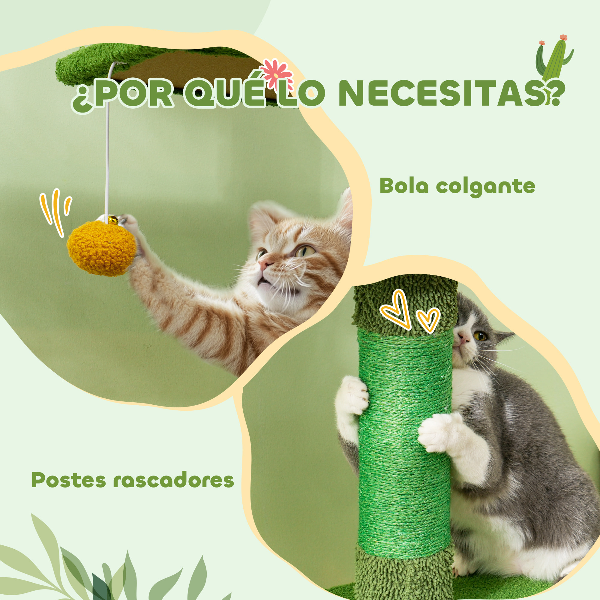 Árbol para Gatos de Suelo a Techo de 230-275 cm, Torre para Gatos con Altura Ajustable, Plataformas, Cueva, Hamaca, Postes de Sisal y Bola de Juguete, Verde
