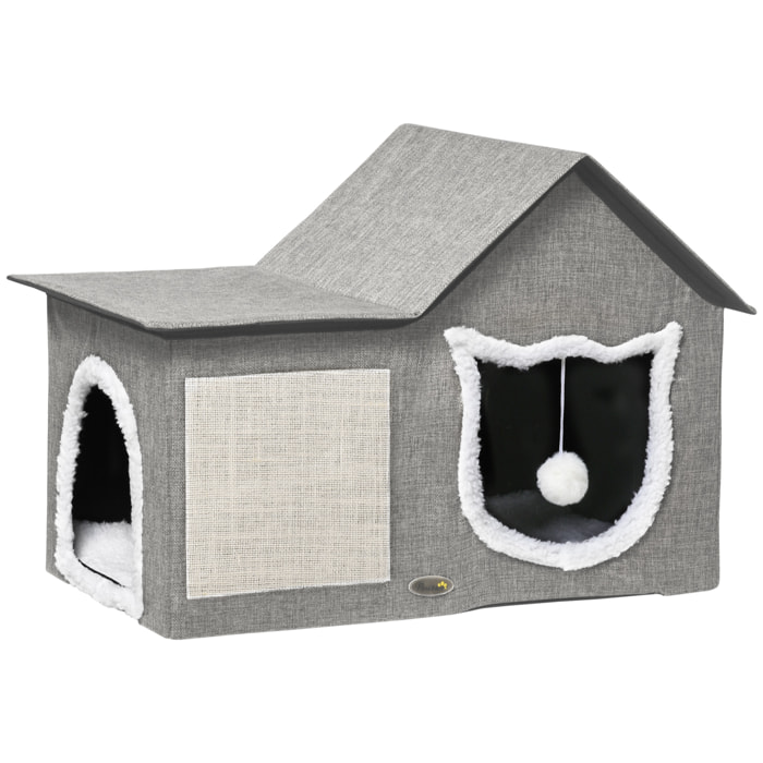 Caseta para Gatos Casa para Gatos Interior Cama Cueva para Gatos con Almohadilla para Rascar Cojín Suave y Bola Colgante 65x41x45,5 cm Gris