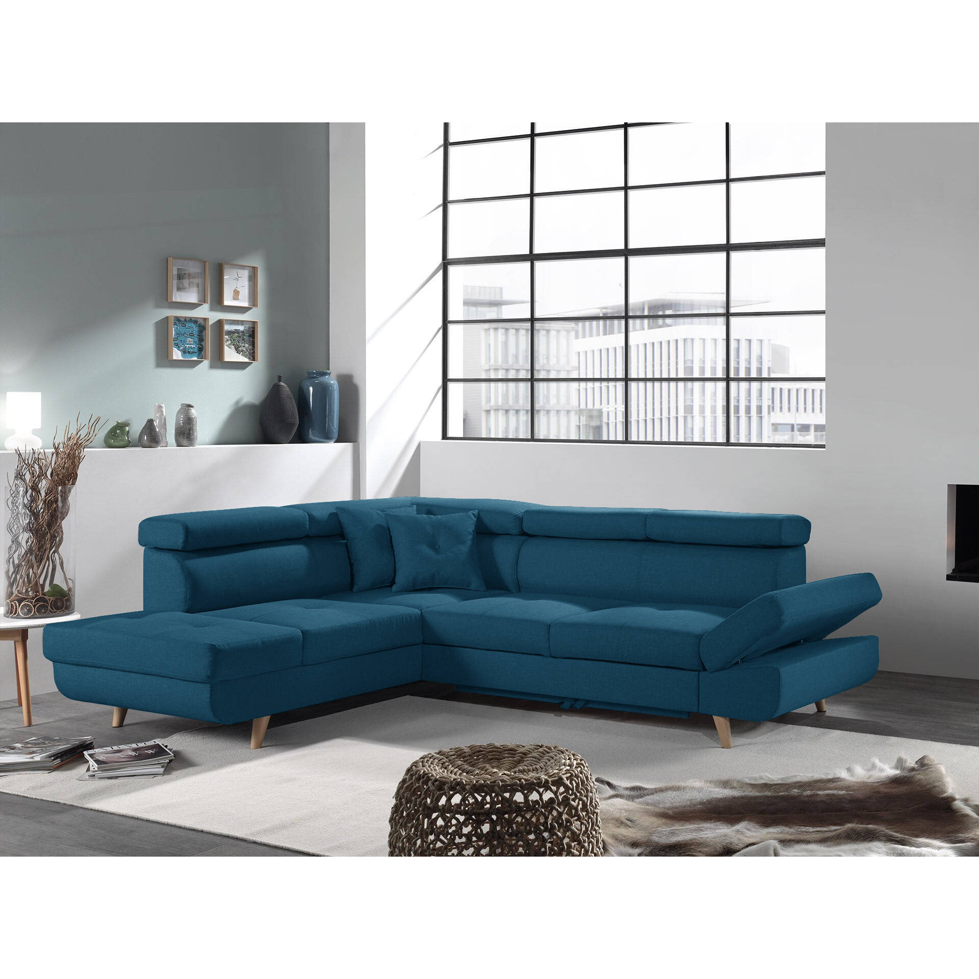 Linea - Canapé d'angle gauche convertible - 5 places - avec têtières - Bleu canard
