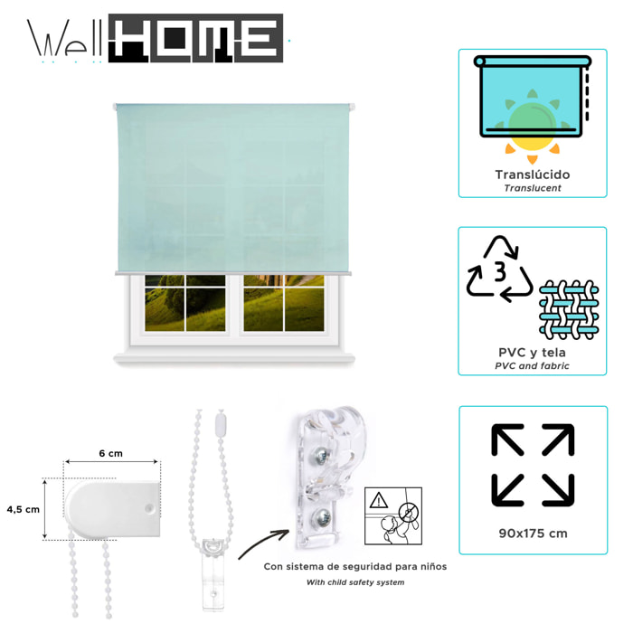 Well home estor enrollable translúcido liso - azul claro, 90 x 175cm (ancho x largo)/tamaño de la tela 87 x 170cm