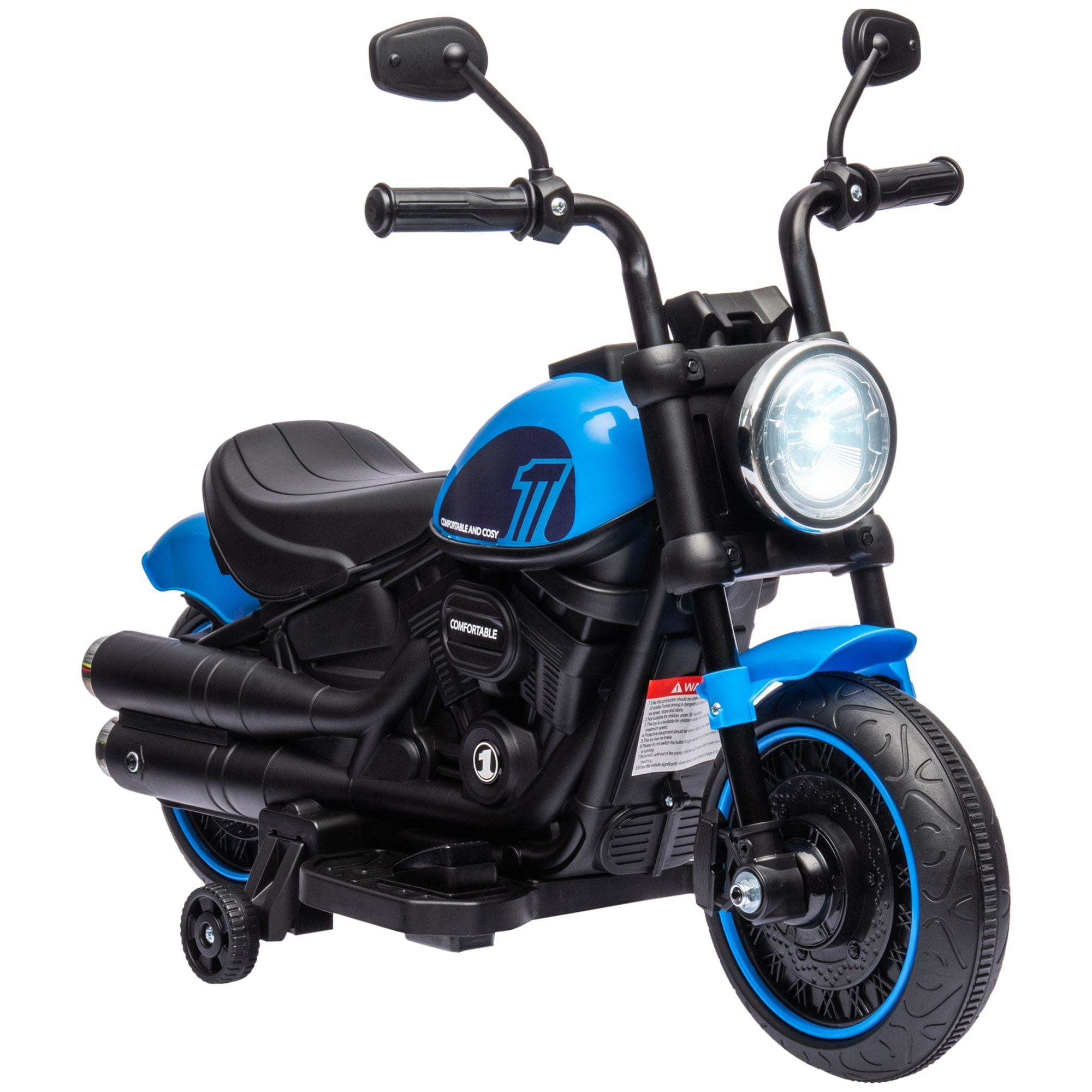 Moto électrique enfant 6 V 3 Km/h effet lumineux roulettes amovibles repose-pied pédale métal PP bleu noir