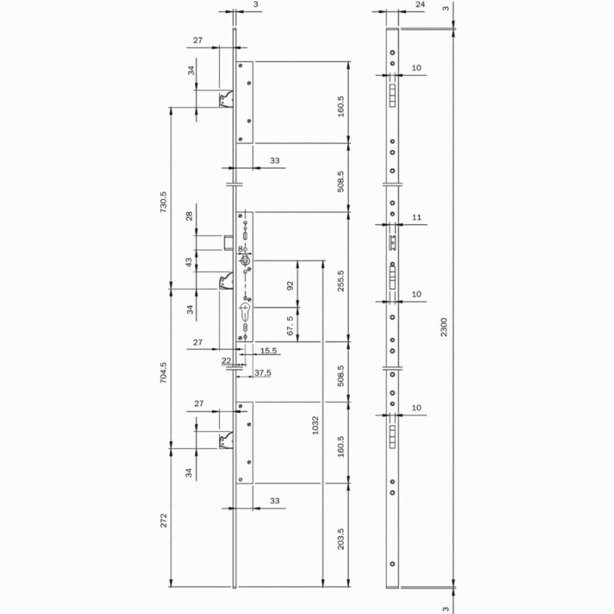 Serrure 3 points Multiblindo Inox ISEO pêne réversible - Têtière plate 2300x24x3 - Axe 30 - 795110302