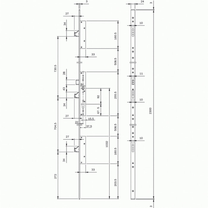 Serrure 3 points Multiblindo Inox ISEO pêne réversible - Têtière plate 2300x24x3 - Axe 30 - 795110302